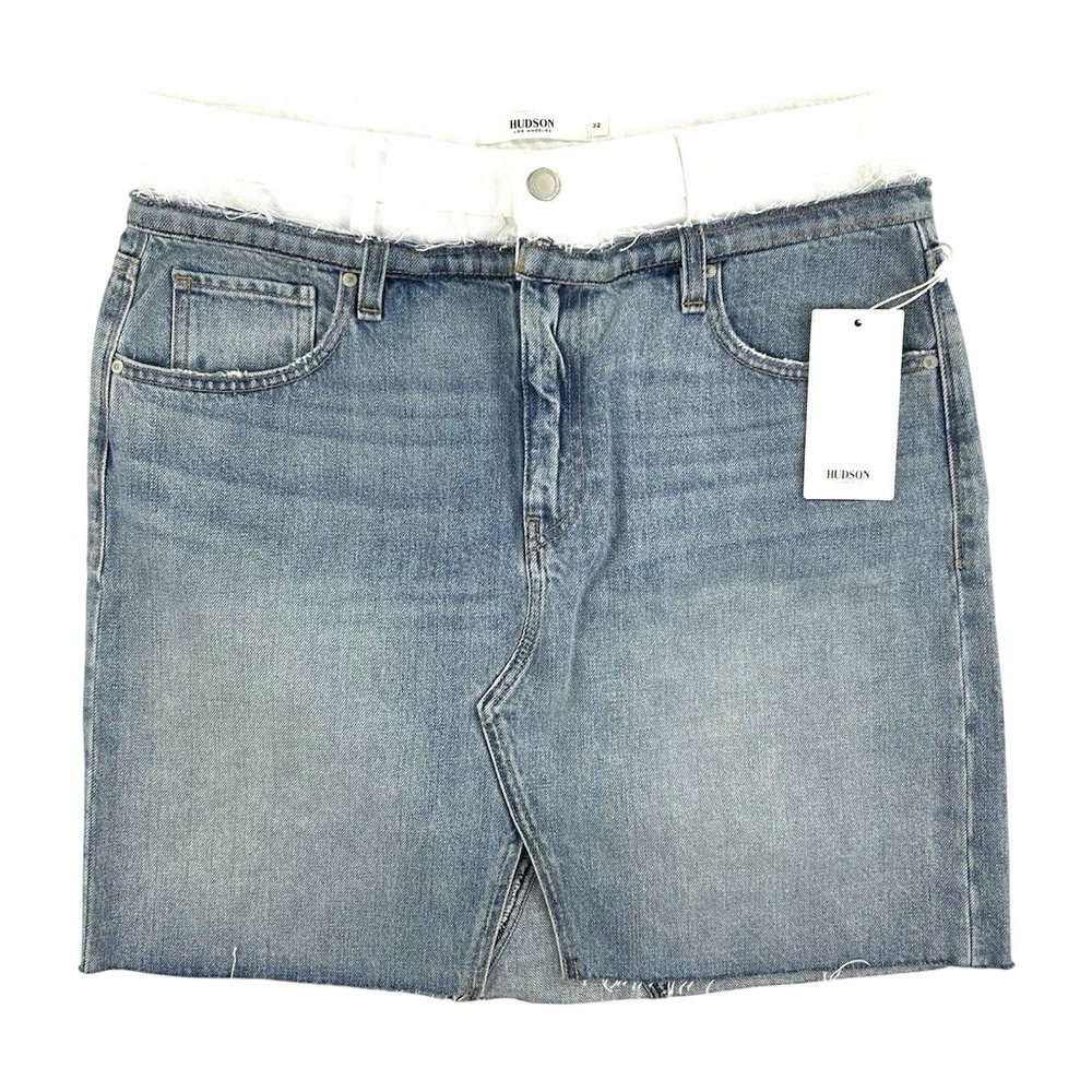 Hudson Blue White‎ Denim Mini Skirt Raw Hem Zip Pockets Button Women's Size 32